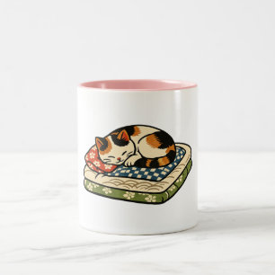 Cute Sleeping Calico Cat on Traditional Japanese C Two-Tone Coffee Mug