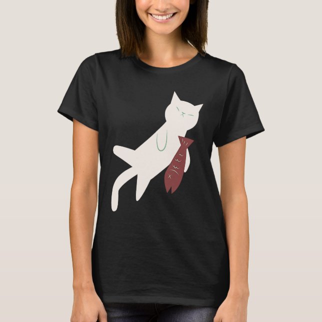 Cute Sleeping Cat And Fish T-Shirt (Front)