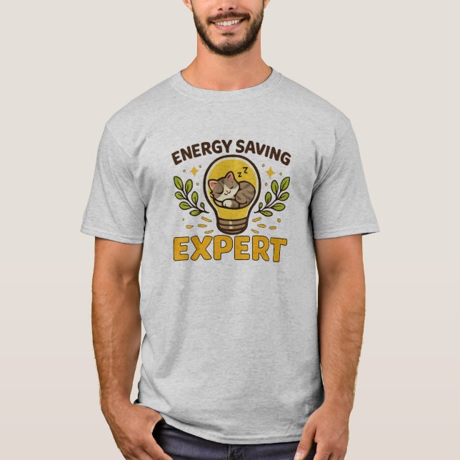 Cute Sleeping Cat Energy Saving Expert Funny Light T-Shirt (Front)