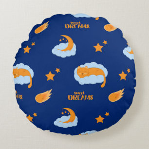 Cute sleeping cat on a cloud, sweet dreams round pillow