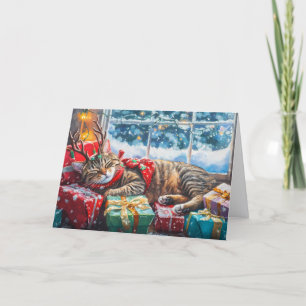 Cute Sleeping Cat On Christmas Packages Holiday Card