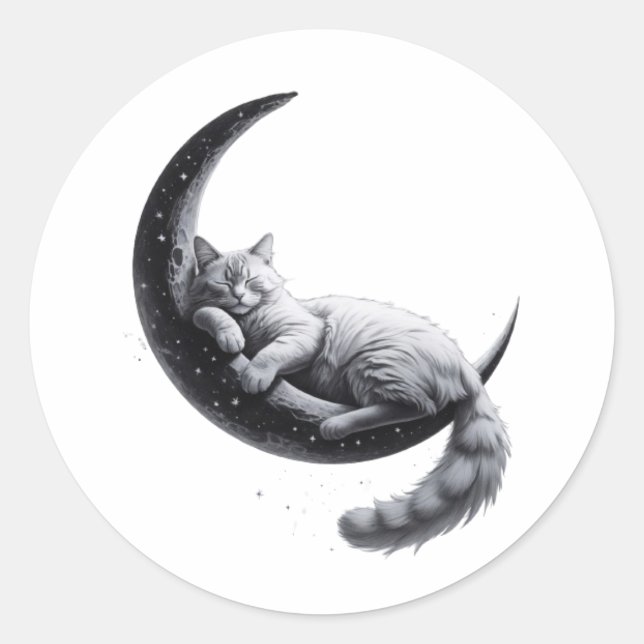 Cute Sleeping Cat on Moon – Aesthetic Night Poster Classic Round Sticker (Front)