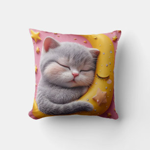 Cute Sleeping Cat on Moon Nursery Throw Pillow