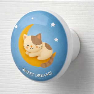 Cute Sleeping Cat on Moon Sweet Dreams  Ceramic Knob