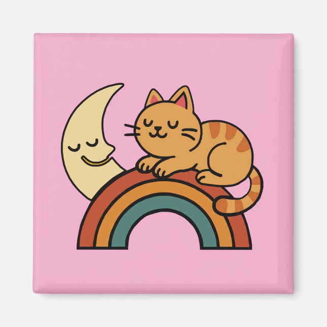 Cute Sleeping Cat on Rainbow with Moon – Funny Cat Magnet (Front)