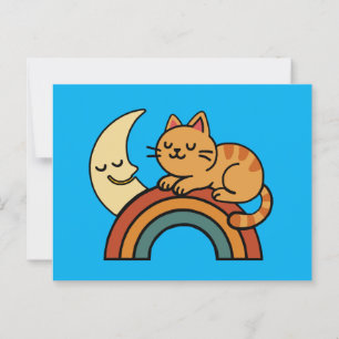 Cute Sleeping Cat on Rainbow with Moon  Postcard