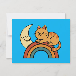 Cute Sleeping Cat on Rainbow with Moon  Postcard