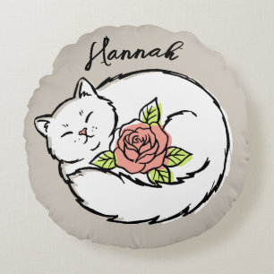Cute Sleeping Cat Pink Rose Custom Name Girls Round Pillow