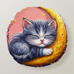 Cute sleeping cat resting on a crescent moon round pillow
