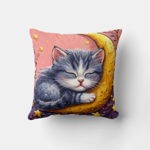 Cute sleeping cat resting on a crescent moon throw pillow