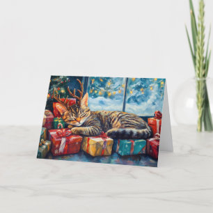 Cute Sleeping Cat Under Christmas Tree Holiday Card