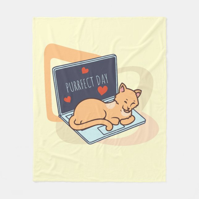 Cute sleeping computer cat fleece blanket (Front)