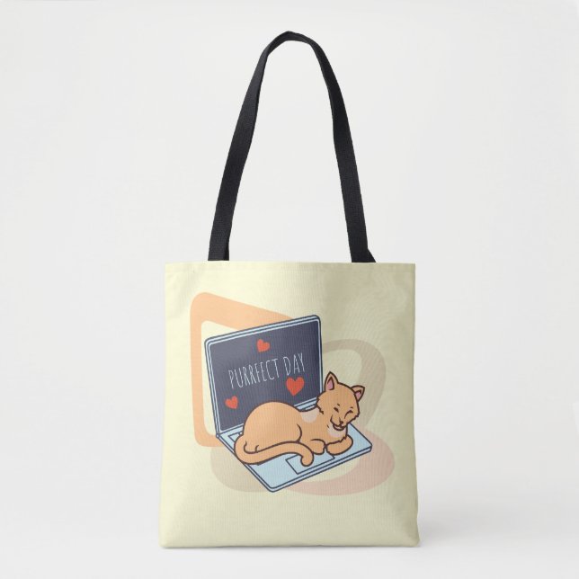 Cute sleeping computer cat tote bag (Front)