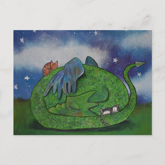 Cute Sleeping Dragon and Cats Postcard (Front)