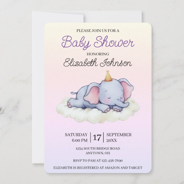 Cute Sleeping Elephant Baby Shower Invitation (Devant)