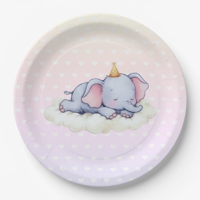 Cute Sleeping Elephant Baby Shower Paper Plates (Front)