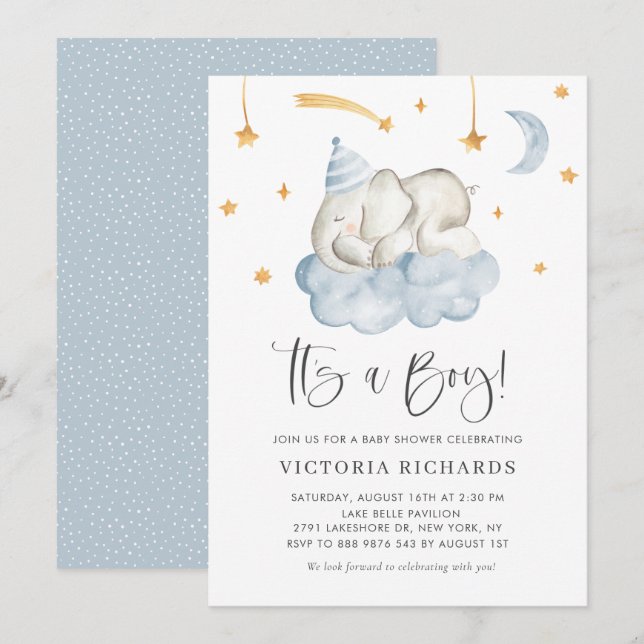 Cute Sleeping Elephant It's a Boy Baby Shower Invitation (Front/Back)