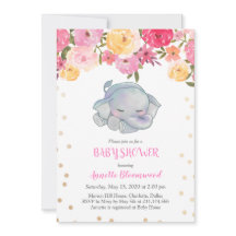 Cute Sleeping Elephant Pink Floral Baby Shower