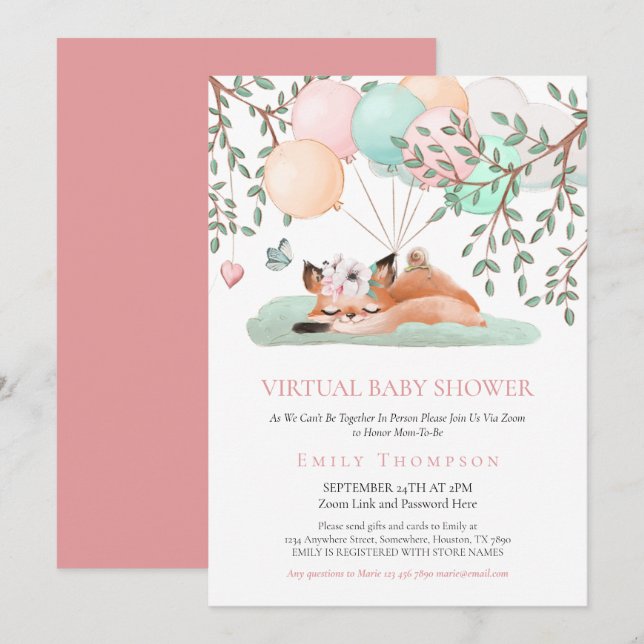 Cute Sleeping Fox Balloon Pink Virtual Baby Shower Invitation (Front/Back)