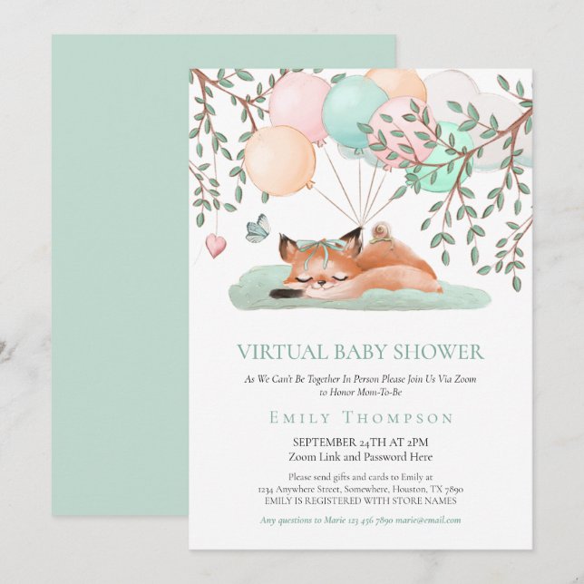 Cute Sleeping Fox Balloon Teal Virtual Baby Shower Invitation (Front/Back)