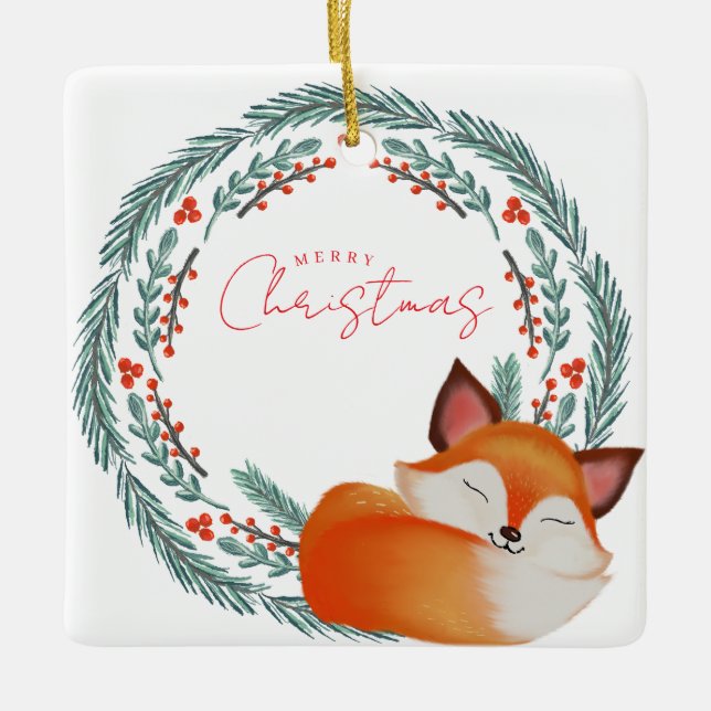 Cute Sleeping Fox Christmas Ceramic Ornament (Front)