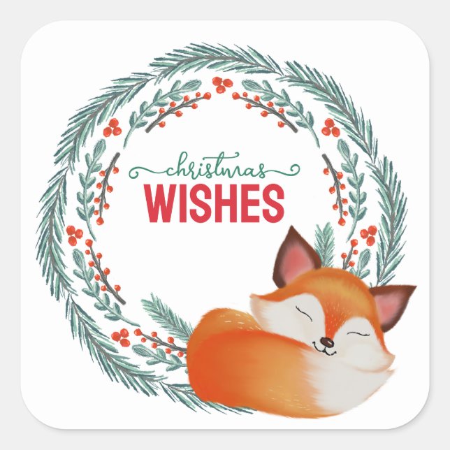 Cute Sleeping Fox Christmas Square Sticker (Front)