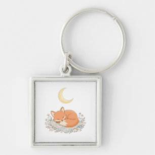 Cute Sleeping Fox on Quilt under Crescent Moon AI Keychain