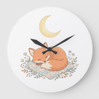 Cute Sleeping Fox on Quilt under Crescent Moon AI Large Clock