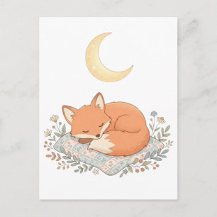 Cute Sleeping Fox on Quilt under Crescent Moon AI Postcard