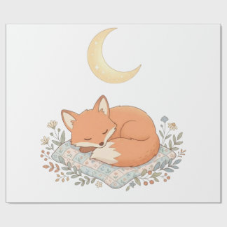 Cute Sleeping Fox on Quilt under Crescent Moon AI Wrapping Paper