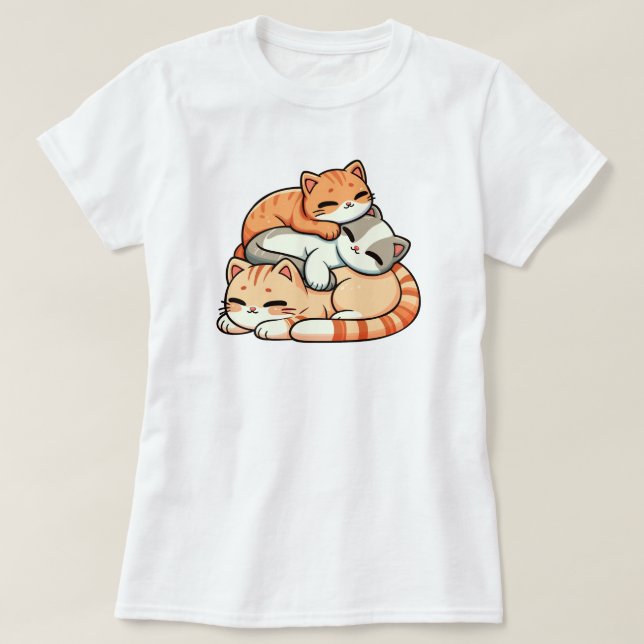 Cute Sleeping Ginger Kittens Stack Kawaii Illustra T-Shirt (Design Front)