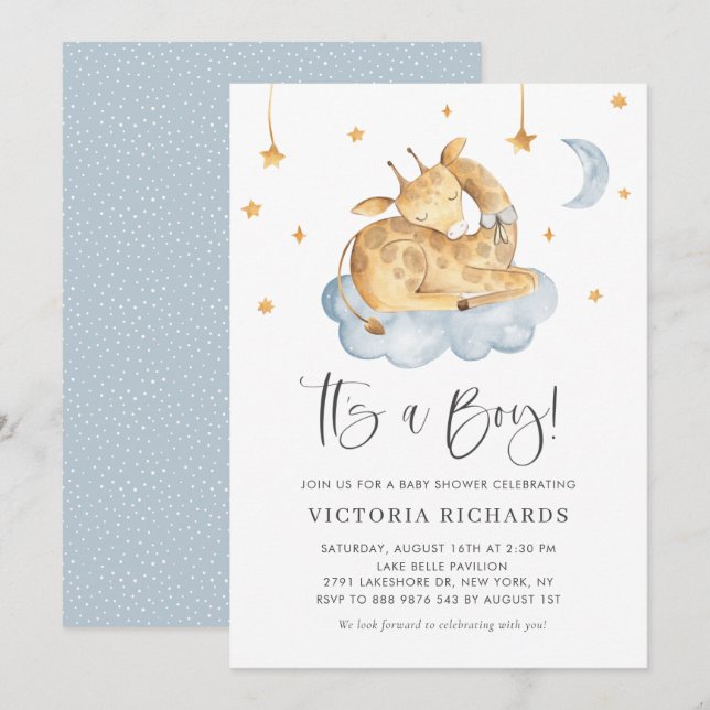 Cute Sleeping Giraffe Blue It's a Boy Baby Shower Invitation (Front/Back)