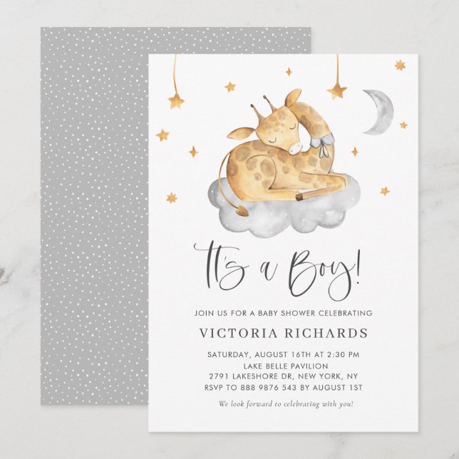 Cute Sleeping Giraffe Grey It's a Boy Baby Shower Invitation (Front/Back)