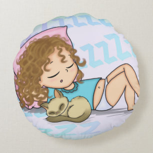 Cute Sleeping Girl with Kitten Round Pillow