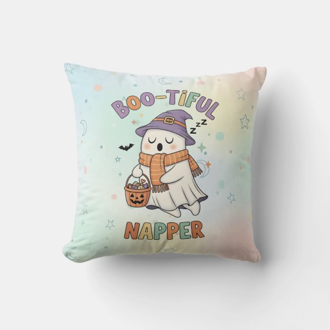 Cute Sleeping Halloween Witch Napper Ghost Throw Pillow (Front)
