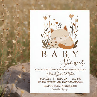 Cute Sleeping Kitten Boho Floral Baby Shower Invitation