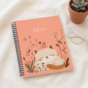 Cute Sleeping Kitten Floral Custom Name Notebook