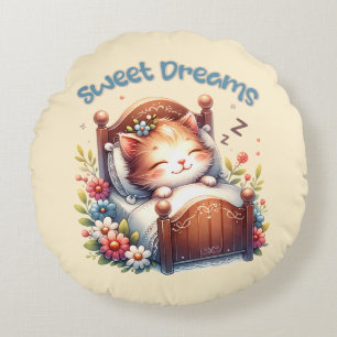 Cute sleeping Kitten Sweet dreams Nursery decor Round Pillow