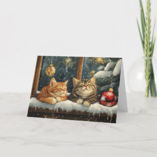 Cute Sleeping Kittens Under Christmas Tree Holiday Card