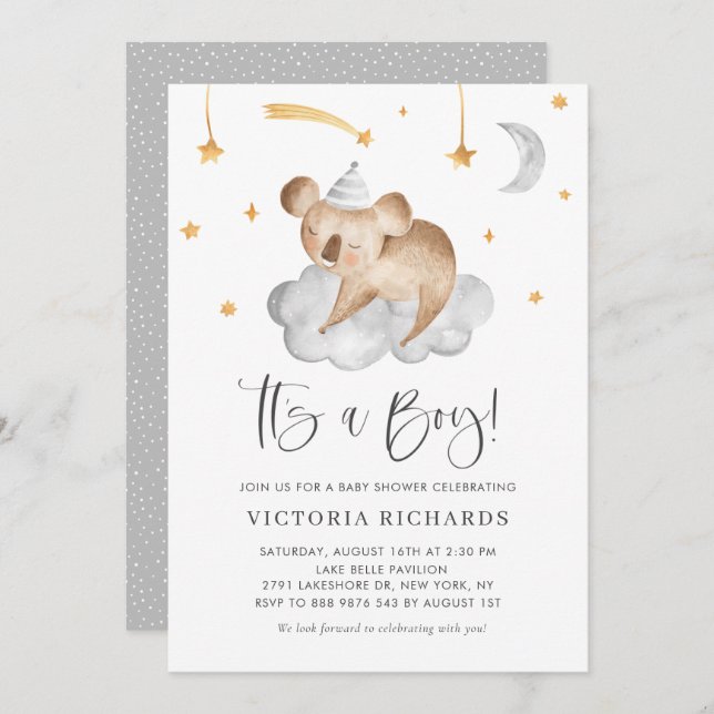 Cute Sleeping Koala Grey It's a Boy Baby Shower Invitation (Front/Back)