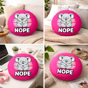 Cute Sleeping Koala “Nope” Funny Cartoon Round Pillow