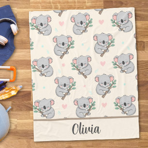 Cute Sleeping Koala with Eucalyptus Pattern Fleece Blanket