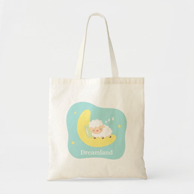 Cute Sleeping Little Lamb on the Moon For Kids Tote Bag (Front)
