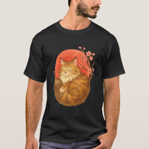 Cute Sleeping Maine Coon Cat Under Cherry Blossoms T-Shirt