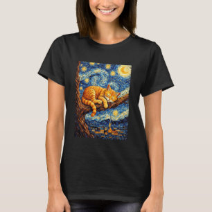 Cute Sleeping Orange Cat Cozy Night Stars Van Gogh T-Shirt