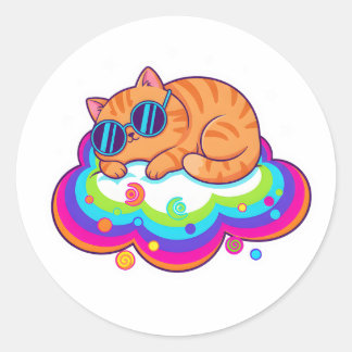 Cute Sleeping Orange Cat on Rainbow Cloud with Sta Classic Round Sticker