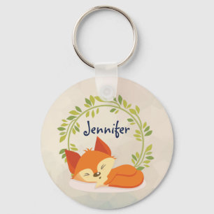 Cute Sleeping Orange Fox with Green Leaves Wreath Keychain