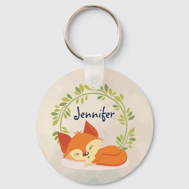 Cute Sleeping Orange Fox with Green Leaves Wreath Keychain (Front)