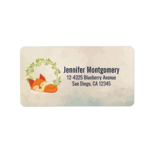 Cute Sleeping Orange Fox with Green Leaves Wreath Label