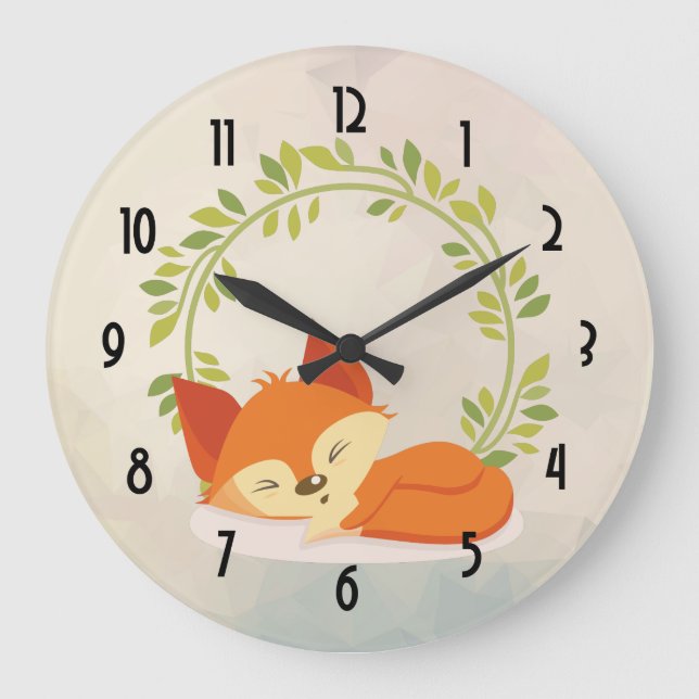 Cute Sleeping Orange Fox with Green Leaves Wreath Large Clock (Front)